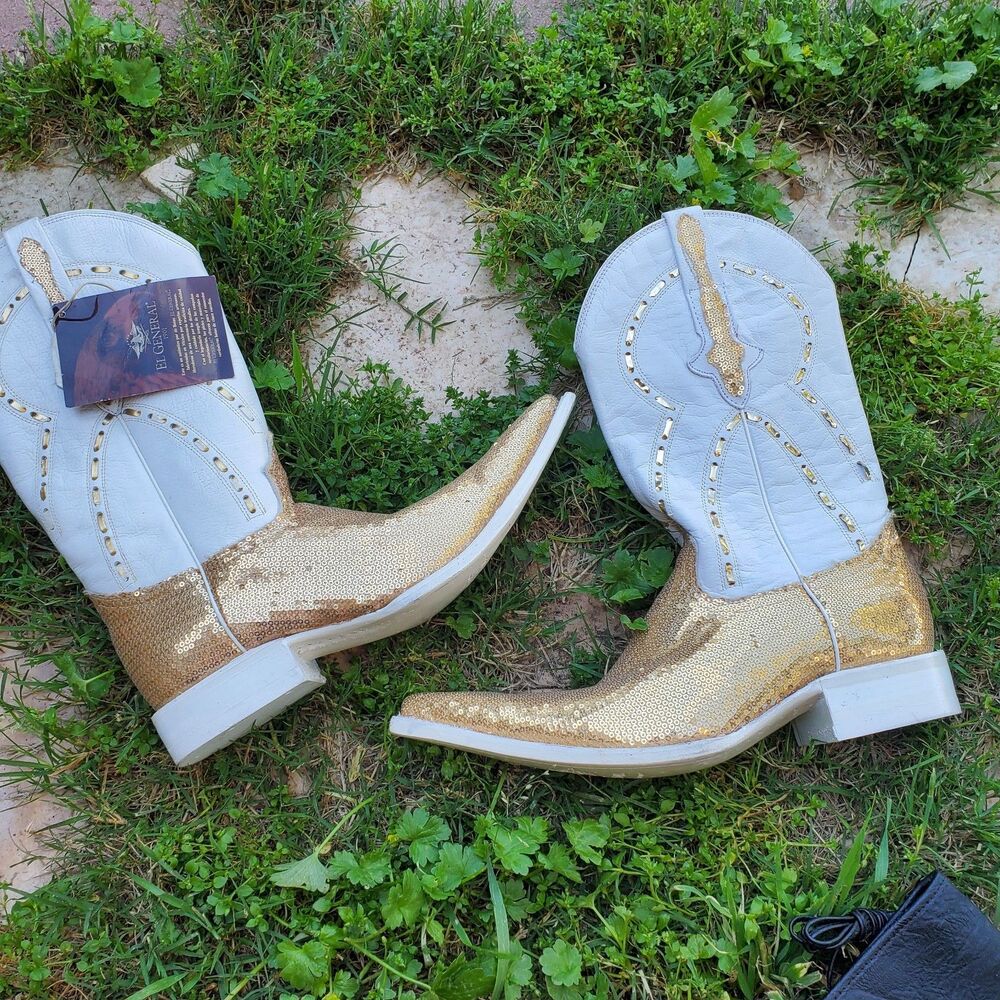 El General Gold Sequin With White Leather Cowboy Boots Size 6.5